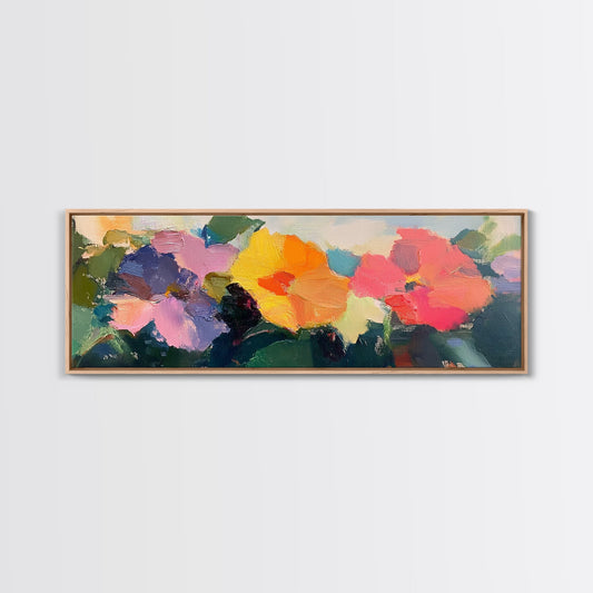 Abstract Flowers Panoramic Painting Print, Oil Painting Wood Framed Canvas Print, Boho Modern Art, Modern Farmhouse Decor