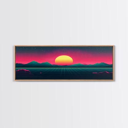 Synthwave Sunset Over The Mountains, Wireframe Art, Framed Canvas Print, Wire Frame Retro 1980s Style Wall Art