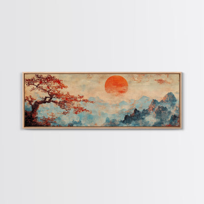 Japanese Maple Tree at Sunset, Vintage Japanese Inspired Woodblock Print Canvas Art, Retro Japanese Art