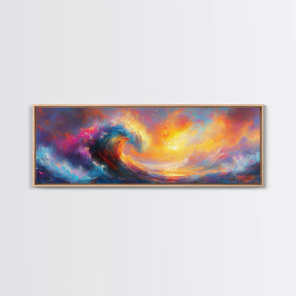 Oil Painting Print of Rainbow Ocean Waves, Retro Farmhouse Beach House Decor, Panoramic Extra Wide Wall Art
