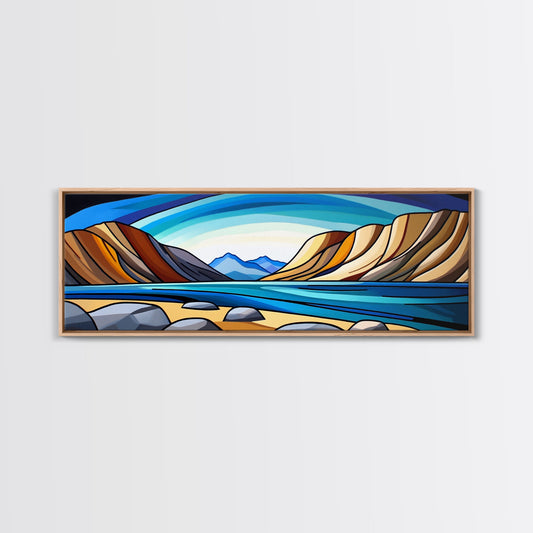 Retro Art Deco Landscape Print, Stained Glass Style Landscape Painting, Wood Framed Wall Art, Horizontal Art, Ultra Wide Panoramic Art