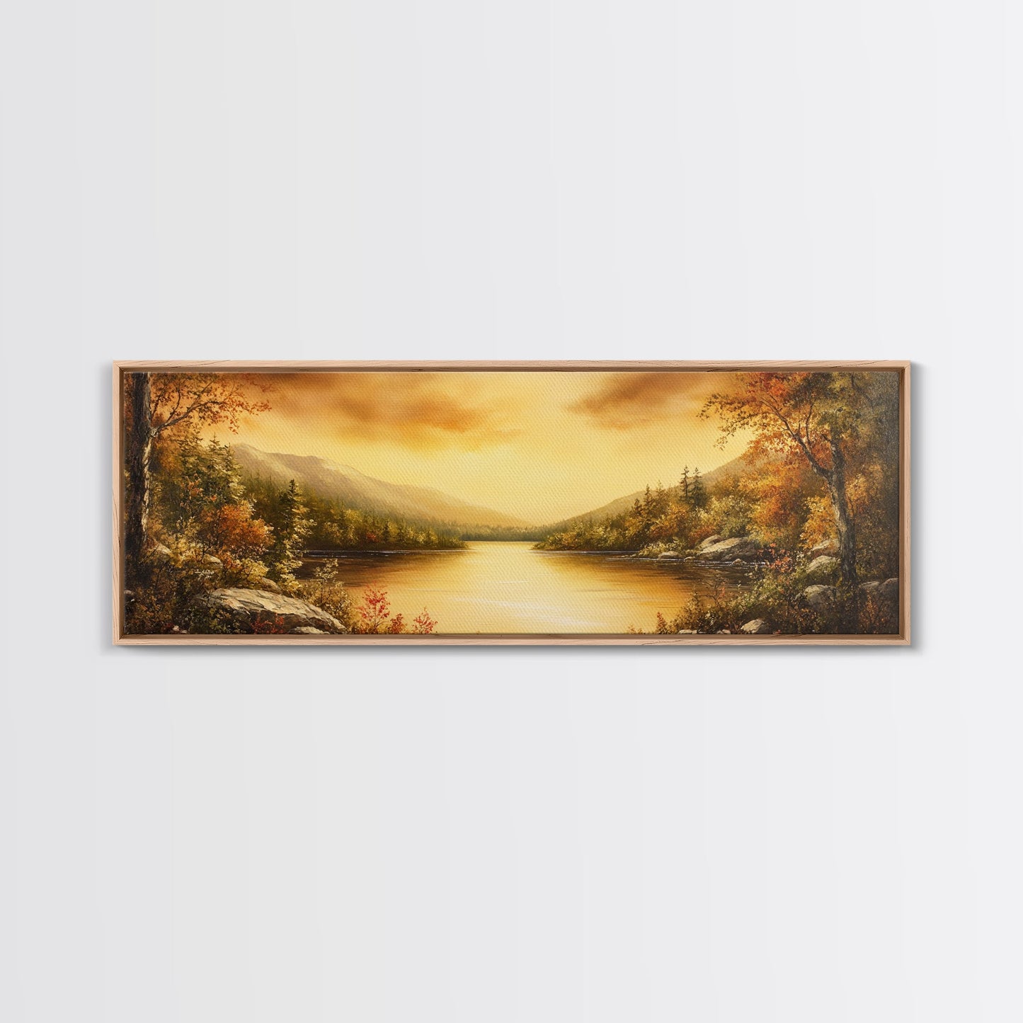 Sunset Over The Lake, Framed Canvas Print, Ultra Wide Wall Art, Panoramic Painting, Above Sofa Or Bed Wall Art, Home Decor, Calm Wall Art