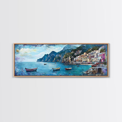 Italian Seaside, Framed Canvas Print, Italy In The Summer, Original Artwork Oil Painting Print, Gift Idea, Horizontal Wood Framed Panoramic Art