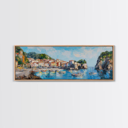 Muted Italian Fishing Village Painting Print, Boho Wall Art, Minimalist Style Panoramic Painting, Extra Large Oversized Wall Art, Home Decor / Gift Idea