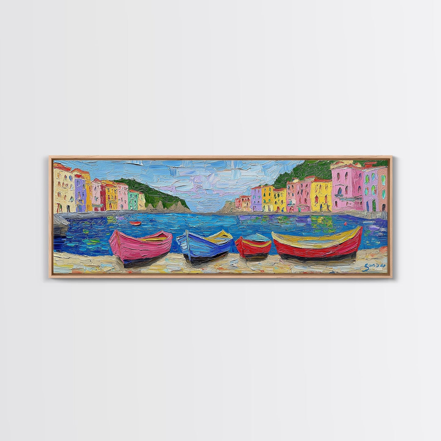 Pastel Row Boats in an Italian Fishing Village, Framed Canvas Print, Original Artwork, Retro Italy Painting, Impasto Style Print