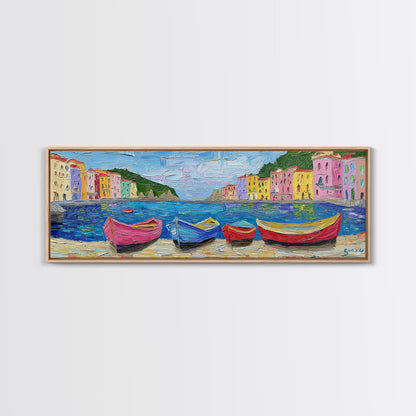 Pastel Row Boats in an Italian Fishing Village, Framed Canvas Print, Original Artwork, Retro Italy Painting, Impasto Style Print