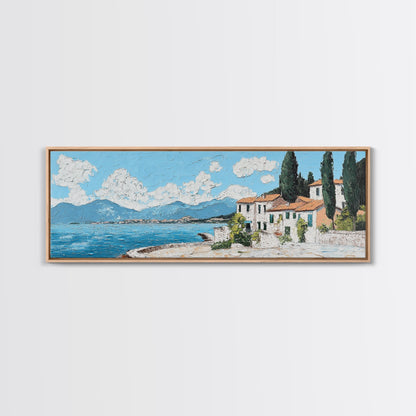 Impressionist Painting of an Italian Seaside Villa, Framed Canvas Print, Italy Village Decor, Ulta Wide Panoramic Landscape Painting
