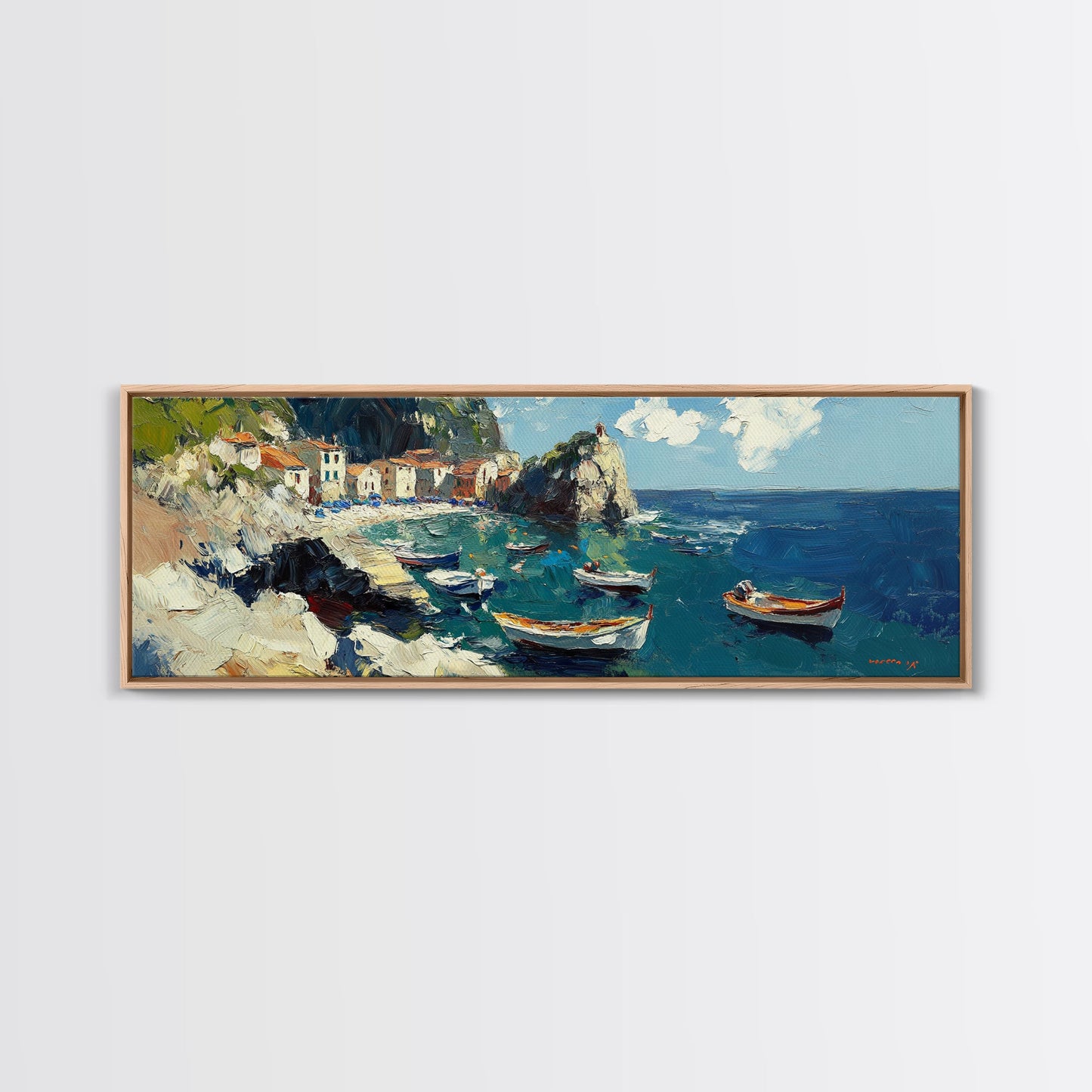 Italian Fishing Village, Vintage Style Canvas Print, Wood Framed Panoramic Wall Art, Italy Vacation Gift, Travel Gift Idea, Impressonist Seascape