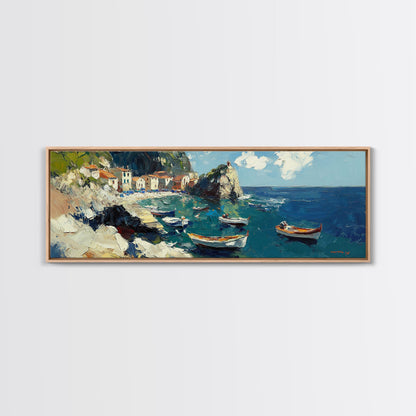 Italian Fishing Village, Vintage Style Canvas Print, Wood Framed Panoramic Wall Art, Italy Vacation Gift, Travel Gift Idea, Impressonist Seascape