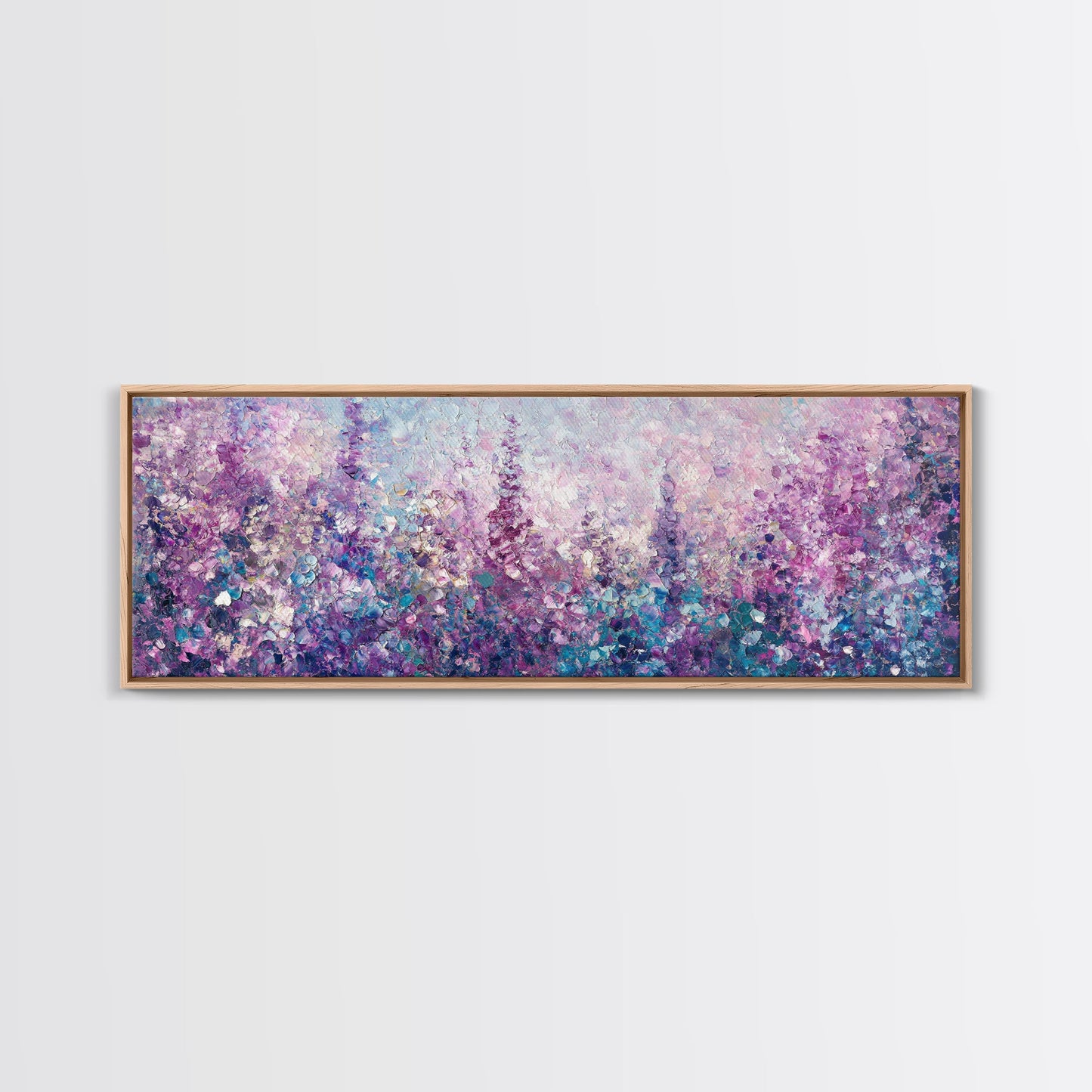 Purple Flower Painting, Lavender and Lilacs, Framed Canvas Print, Boho Style Panoramic Painting Wall Art, Purple and Blue Flowers