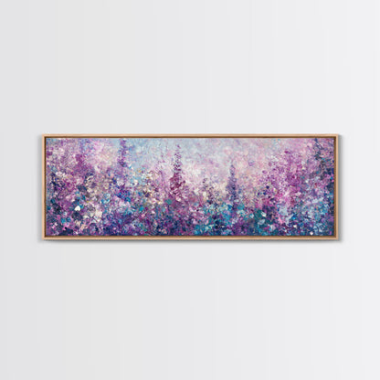 Purple Flower Painting, Lavender and Lilacs, Framed Canvas Print, Boho Style Panoramic Painting Wall Art, Purple and Blue Flowers