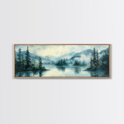 Fog Over The Lake Panoramic Painting Print - Rustic Decor - Panoramic Ultra Wide Wall Art For Above Bed or Sofa - Moody Decor