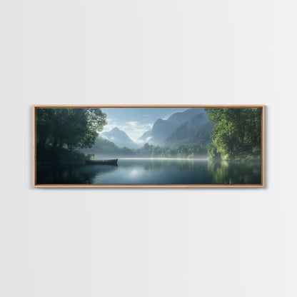 Canoe On The Lake, Framed Canvas Print, Moody Landscape Painting, Realism, Original Artwork, Rustic Lakehouse Decor, Oversized Wall Art