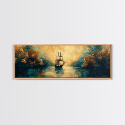 Pirate Ship In The Bay, Fantasy Painting Print, Wood Framed Wall Art, Boy's Room Decor Idea, Gift Idea, Man Cave Wall Art