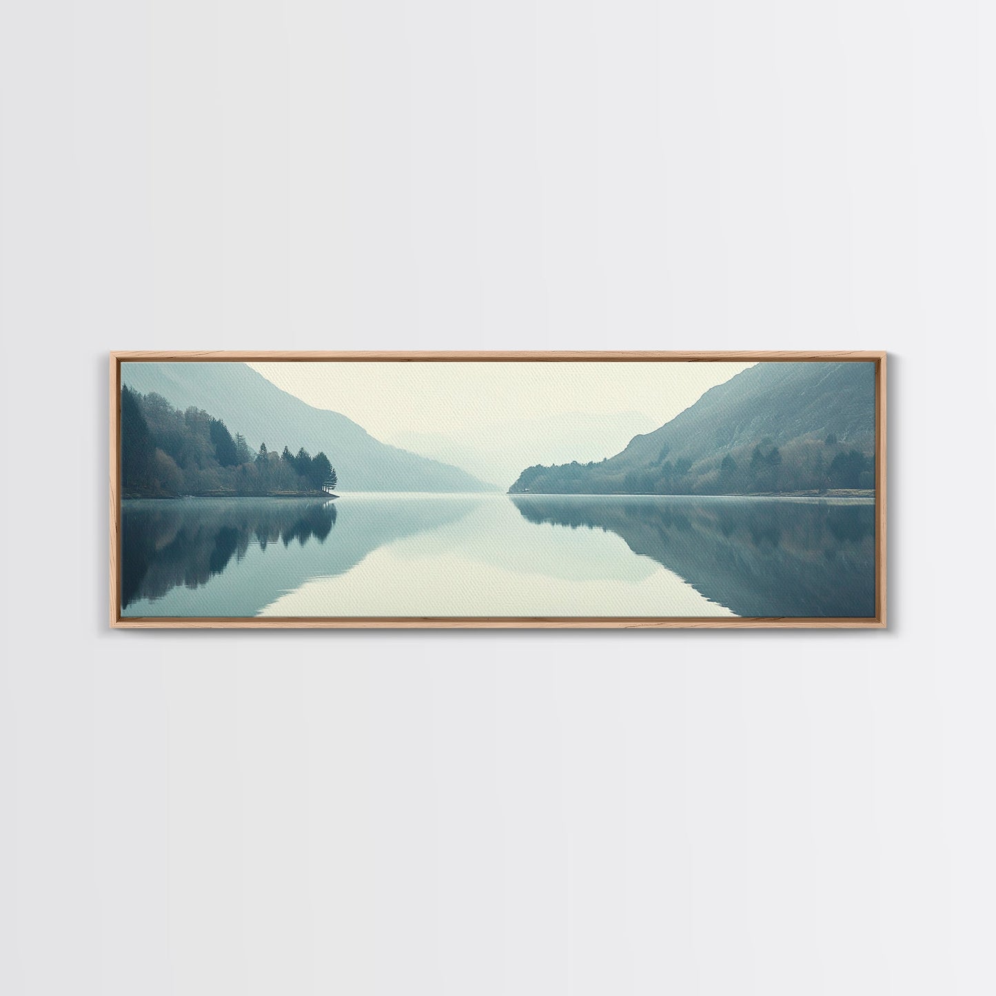 Reflections on an Overcast Day, Framed Canvas Print, Moody Decor, Foggy Landscape Painting, Panoramic Wall Art