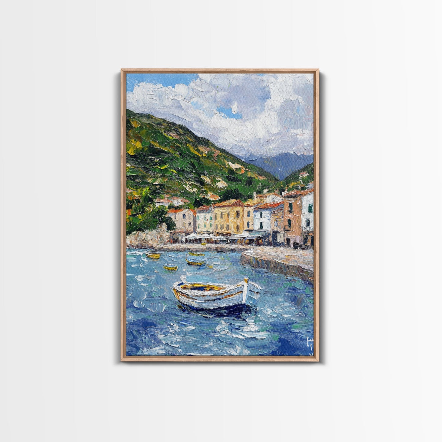 Modern Art Canvas Print - Italian Fishing Village - Italy Oil Painting - Neutral Wall Art - Seascape Painting - Impasto Style Print - Boho