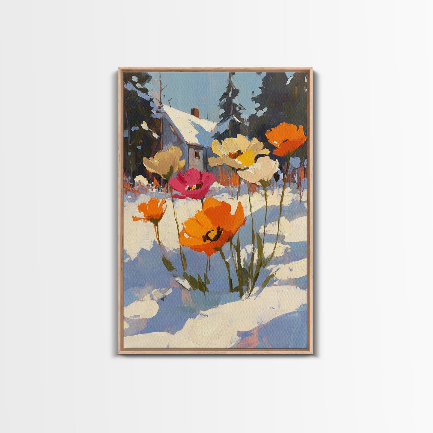 Wild Flowers In The Snow, Framed Canvas Print, Original Floral Painting Print, Modern Wall Art, Modern Custom Art, Winter Art