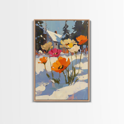 Wild Flowers In The Snow, Framed Canvas Print, Original Floral Painting Print, Modern Wall Art, Modern Custom Art, Winter Art