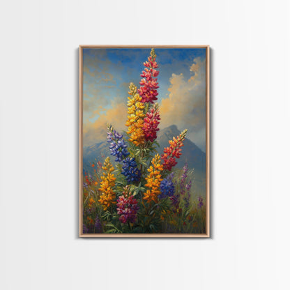 Vintage Style Canvas Print Oil Painting of Wild Flowers On A Mountain Landscape, Framed Canvas, Antique Style Wall Art, Painting of Flowers