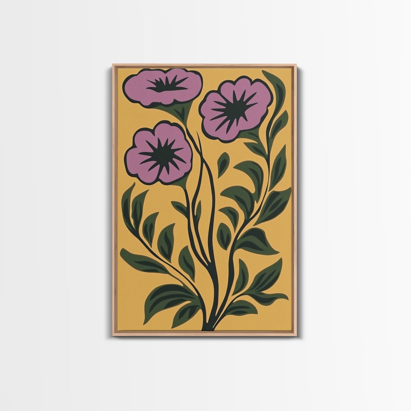 Framed Canvas Canvas Wall Art Mid-Century Modern Boho Flower Print, Purple and Yellow Wall Art, Modern Art Boho Home Decor, Minimalist