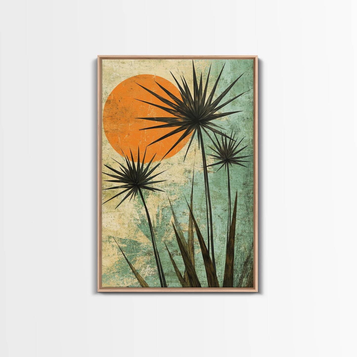 Abstract Palm Trees at Sunset, Framed Canvas Print, MCM Style Wall Art