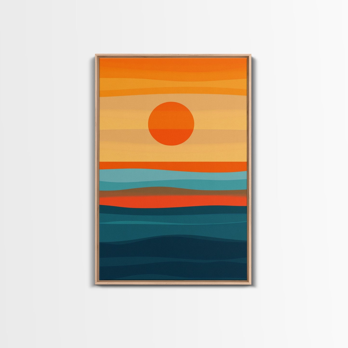 Sunset Over The Ocean Minimalist Print, Vertical Sea Sun Framed Canvas, Waves Line Art, Blue and Orange Sunset Beach House Painting