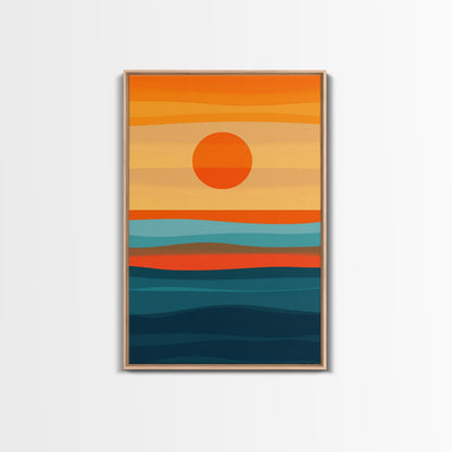 Sunset Over The Ocean Minimalist Print, Vertical Sea Sun Framed Canvas, Waves Line Art, Blue and Orange Sunset Beach House Painting