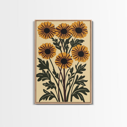 Cute Framed Canvas Wall Art Flower Print, Wild Flowers on Cream Background, Modern Home Decor, Boho Minimalist Wall Art