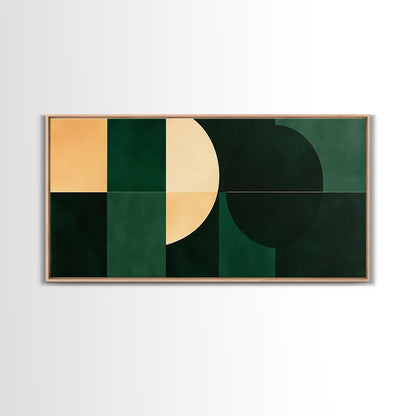 Extra Large Horizontal Emerald Green Geometric Mid Century Modern Wall Art, Framed Canvas Print