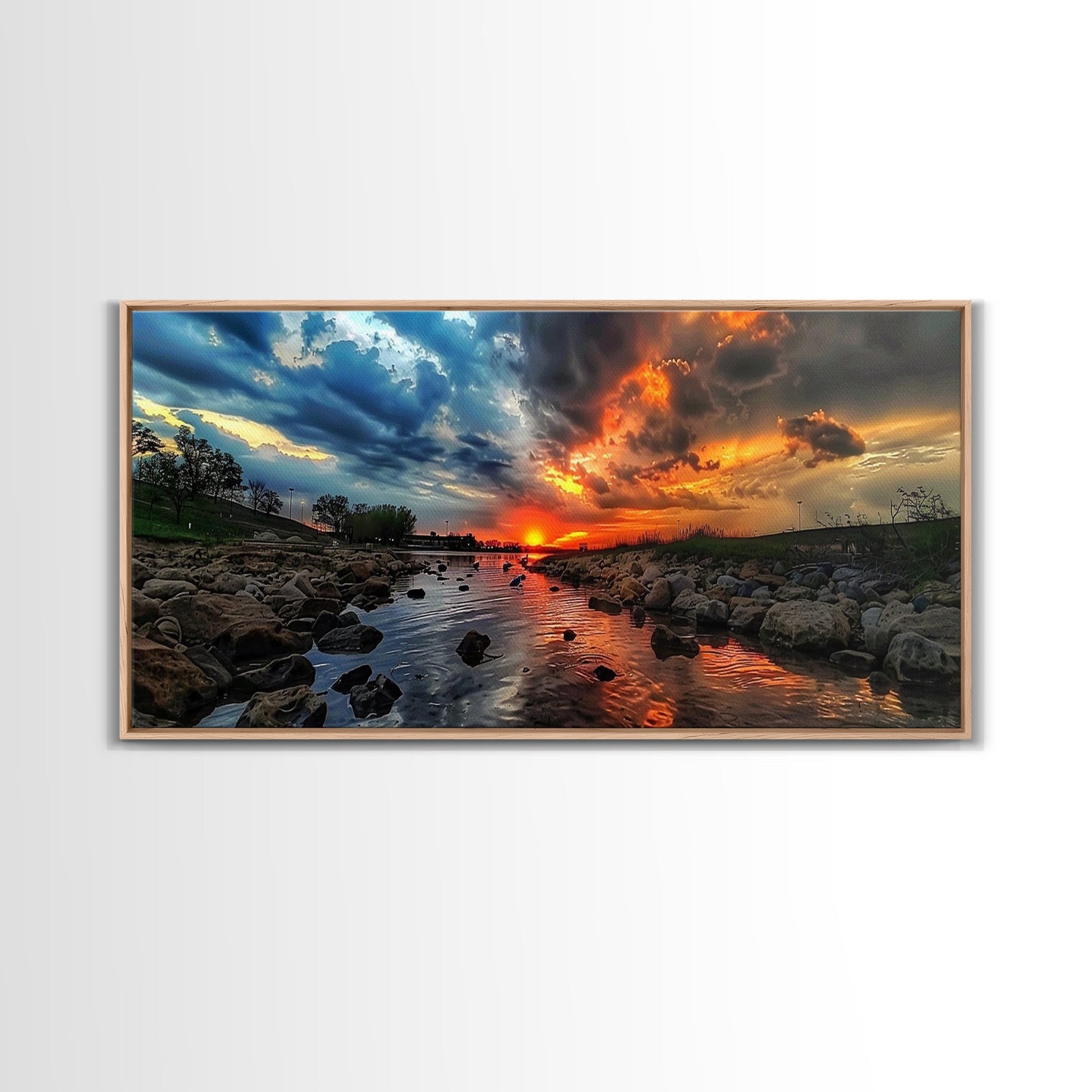 Sunset Over A Rocky River, Framed Canvas Print, Landscape Photography Style Wall Art, Beautiful Home Decor