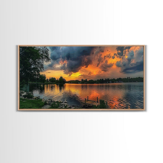 Sunset On The Lake Framed Canvas Print, Lakehouse Decor, Rustic Modern Farmhouse Wall Art, Photography Style Landscape Art