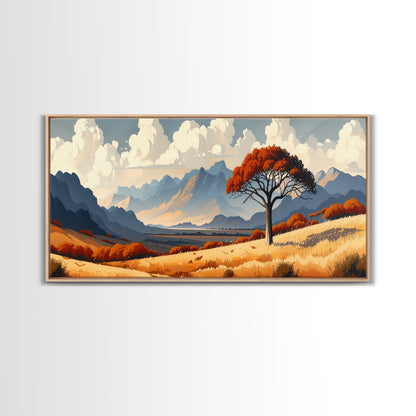 Landscape Print, Muted Southwestern Landscape, Hazy Mountain Valley Oil Painting Print, Panoramic Wall Art, Calm Above Bed Art