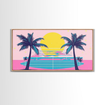 Retro Synthwave Wall Art, Outrun Home Decor Framed Canvas Print, Two Palm Trees and a Sunset