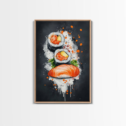Abstract Oil Painting Canvas Print of Sushi on Black background, Food Review Kitchen Art, Kitchen Decor, Wabi Sabi Wall Art, Sushi Painting