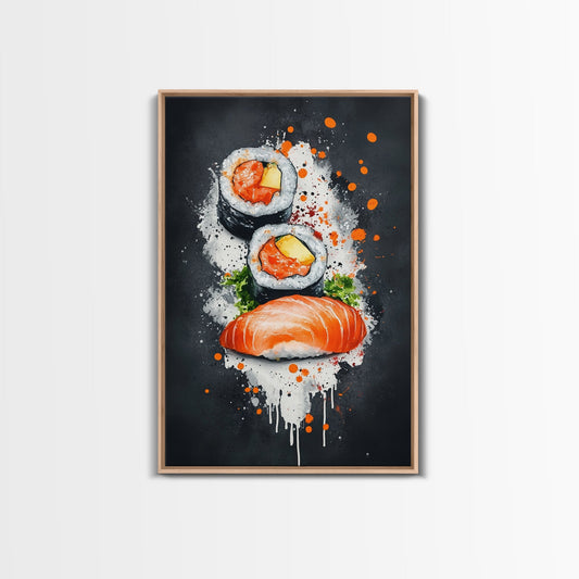 Abstract Oil Painting Canvas Print of Sushi on Black background, Food Review Kitchen Art, Kitchen Decor, Wabi Sabi Wall Art, Sushi Painting