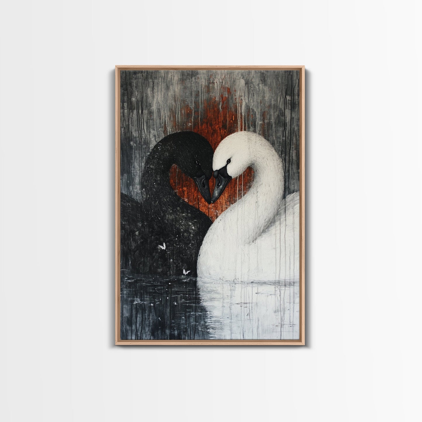 Two Swans in Love, Framed Canvas Print, Goth Decor, Wedding Gift Idea, Engagement Gift, Gift For Couples, Swan Painting, Swan Art
