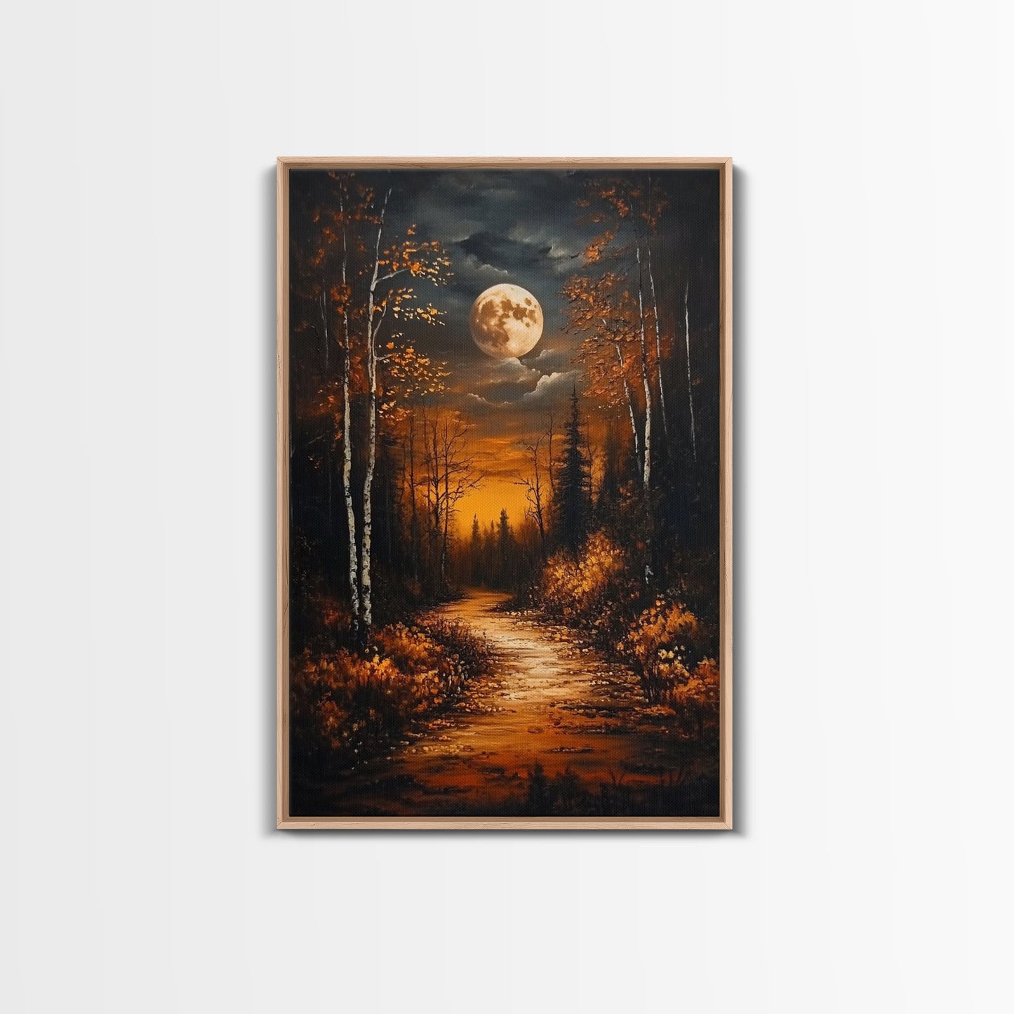 Full Moon Over The Haunted Forest, Framed Canvas Print, Wood Framed Wall Art, Dark Academia Witchy Decor, Moody Home Decor