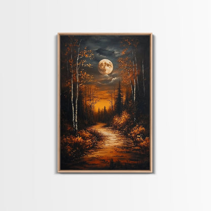 Full Moon Over The Haunted Forest, Framed Canvas Print, Wood Framed Wall Art, Dark Academia Witchy Decor, Moody Home Decor