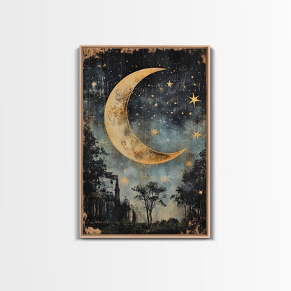 Mystical Moon Painting Print, Folk Art Canvas Print, Eerie Atmospheric Wall Art, Subdued and Moody Home Decor, Crescent Moon Painting