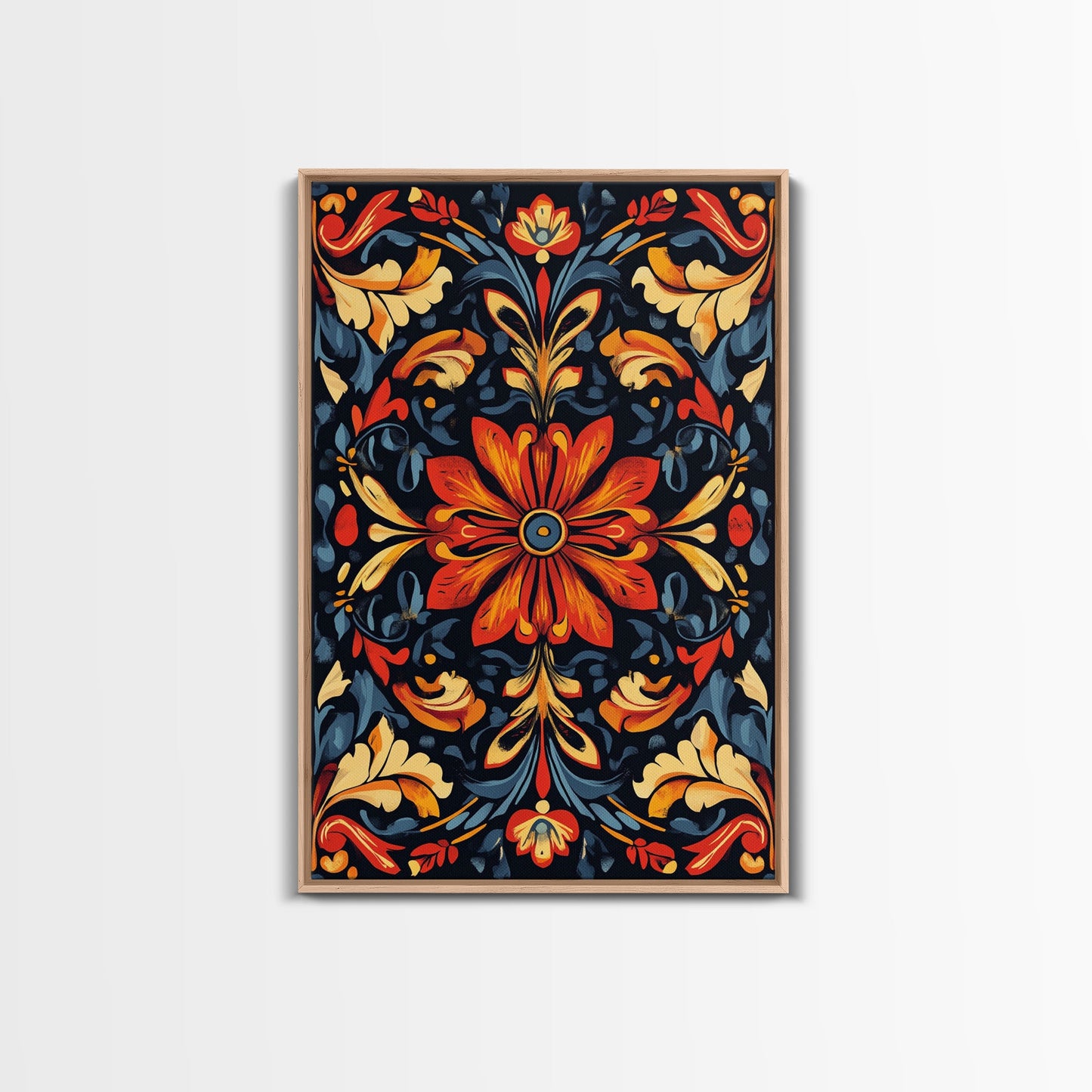 Botanical Floral Tile Pattern Framed Canvas Print, Southwestern Decor, Modern Farmhouse, Pueblo Style Art, Mexicano Chicano Art