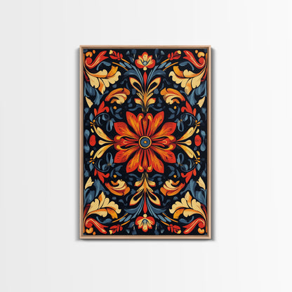 Botanical Floral Tile Pattern Framed Canvas Print, Southwestern Decor, Modern Farmhouse, Pueblo Style Art, Mexicano Chicano Art