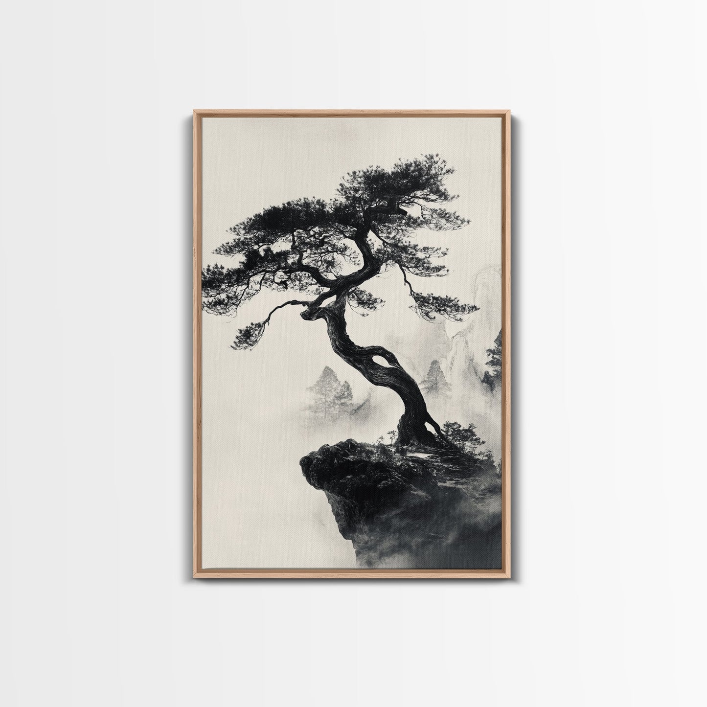 Bonzai Tree on a Cliff Wabi Sabi Painting Print, Wood Framed Wall Art, Bonzai Tree Art, Japanese Style Artwork