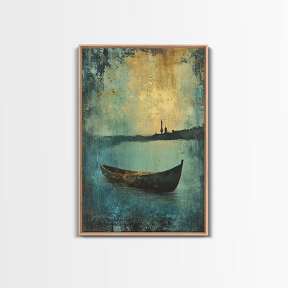 Canoe on the Lake Framed Canvas Print, Nautical Decor, Lakehouse Art, Abstract Lakehouse Painting, Lake Decor