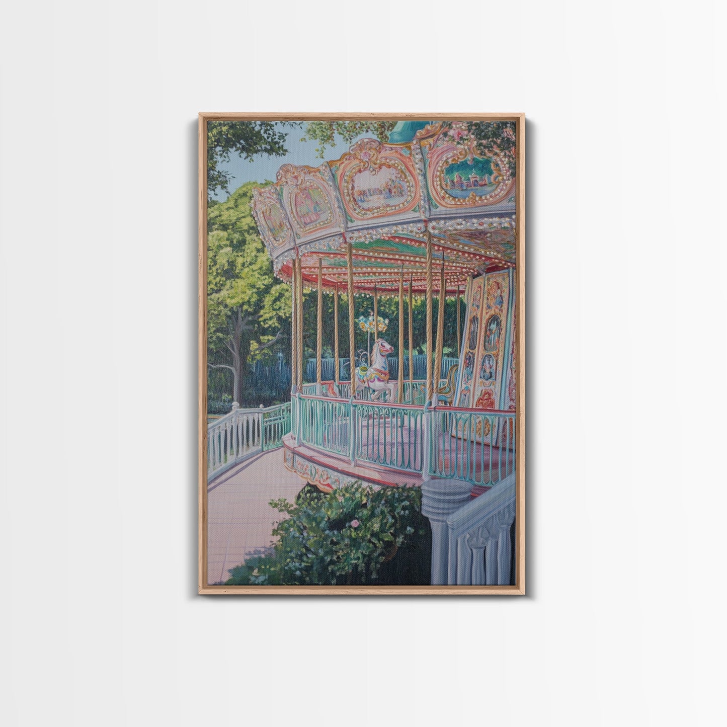 Nursery Decor Framed Canvas Print, Wall Decor for Girl's Room, Carrousel Oil Painting, Oil Painting of a Carrousel