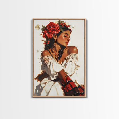 Mexican Floral Latina Portrait Canvas Print, Romatic Mariachi Wall Decor, Southwestern Modern Art, Rustic Mexicano Wall Art, Chicano Painting