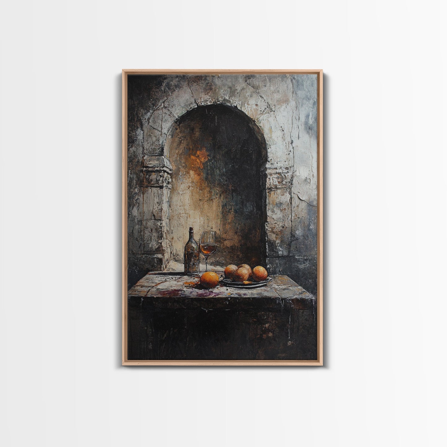 Medieval Kitchen Wall Art, Rustic Home Decor, Framed Canvas Print, Kitchen Home Decor, Dining Room Wall Art, Wine and Fruit Still Life Painting