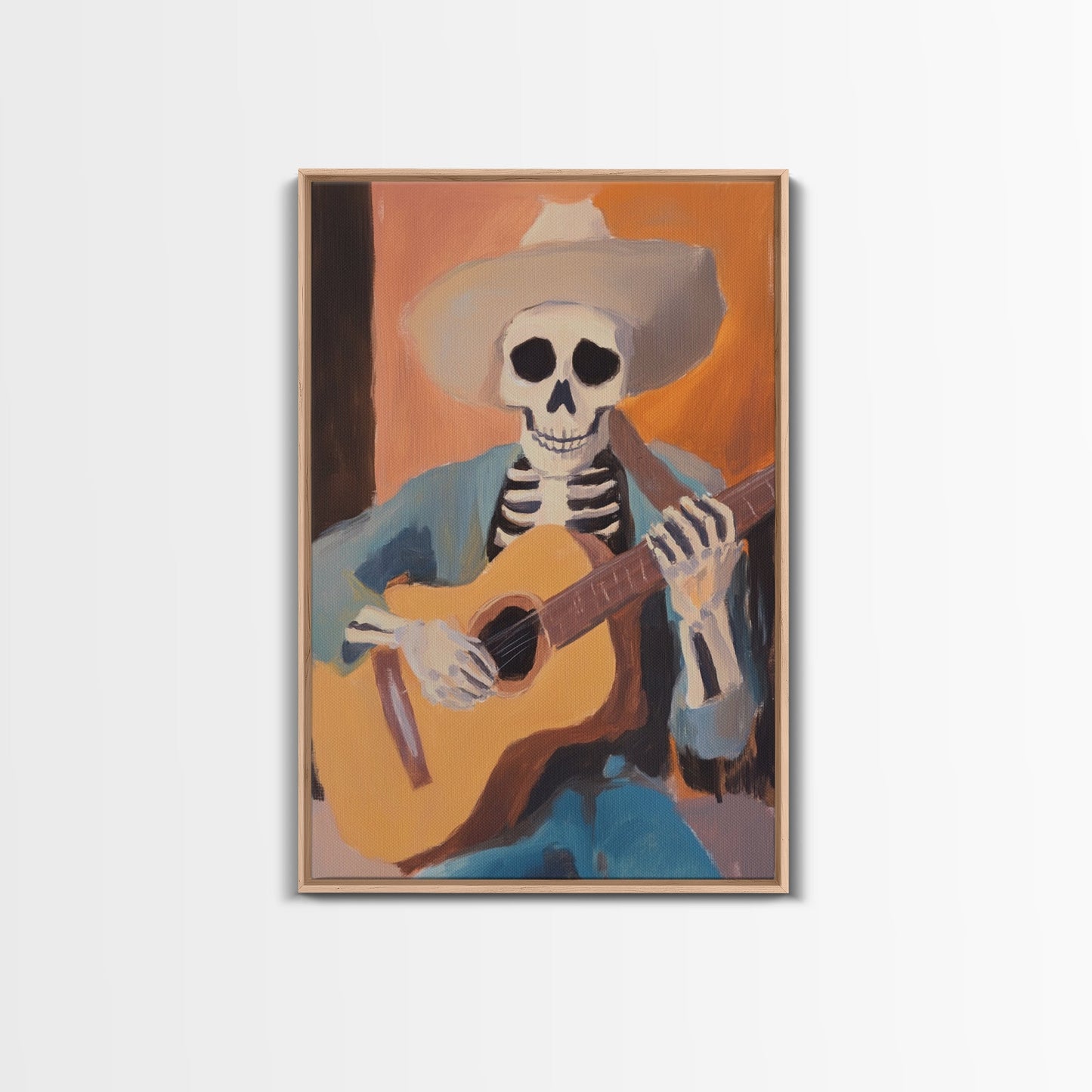 Canvas Print of a Sekelton Cowboy Guitar Player - Chicano Art - Wood Framed Canvas - Original Art