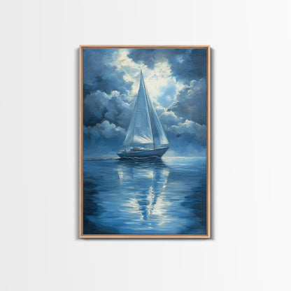 Reflections of a Sail Boat under a Full Moon Framed Canvas Print, Nautical Decor, Sail Boat Oil painting, Sailboat Painting, Nautical Home Decor