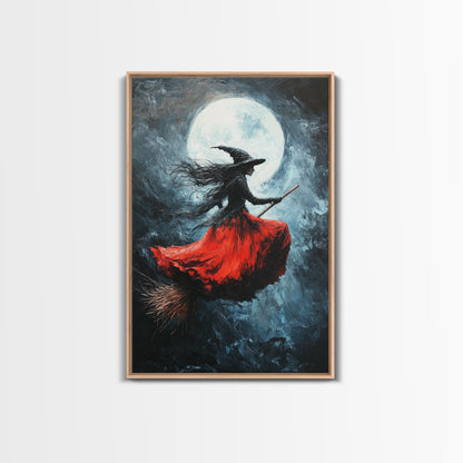 The Witch Rides her Broom under a full moon - Framed Canvas Print - Witchy Decor - Witch Painting - Halloween Wall Art