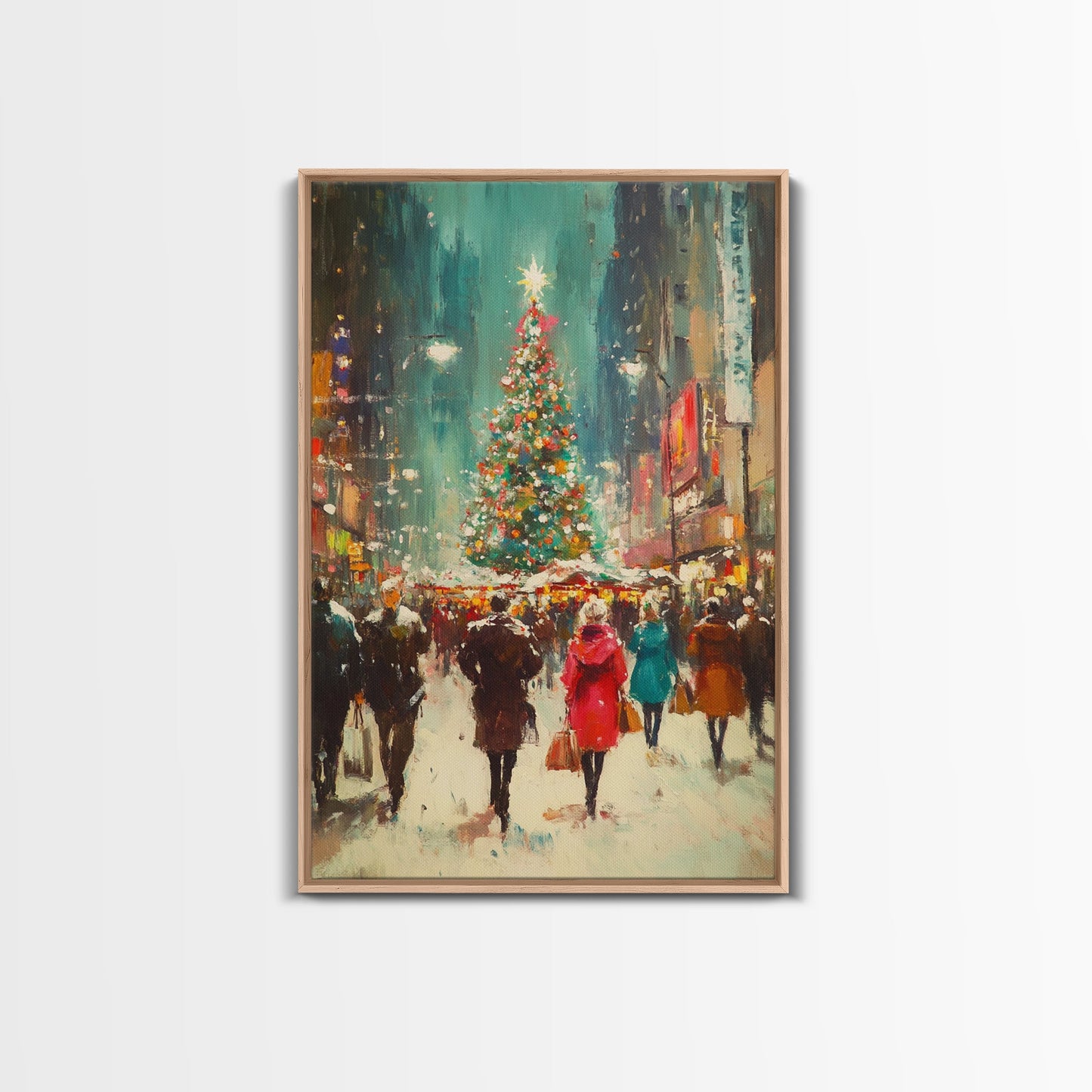Christmas on The Town Square Framed Canvas Print, Wood Framed Christmas Decor, Holiday Mantle Art, Christmas Centerpiece Wall Art